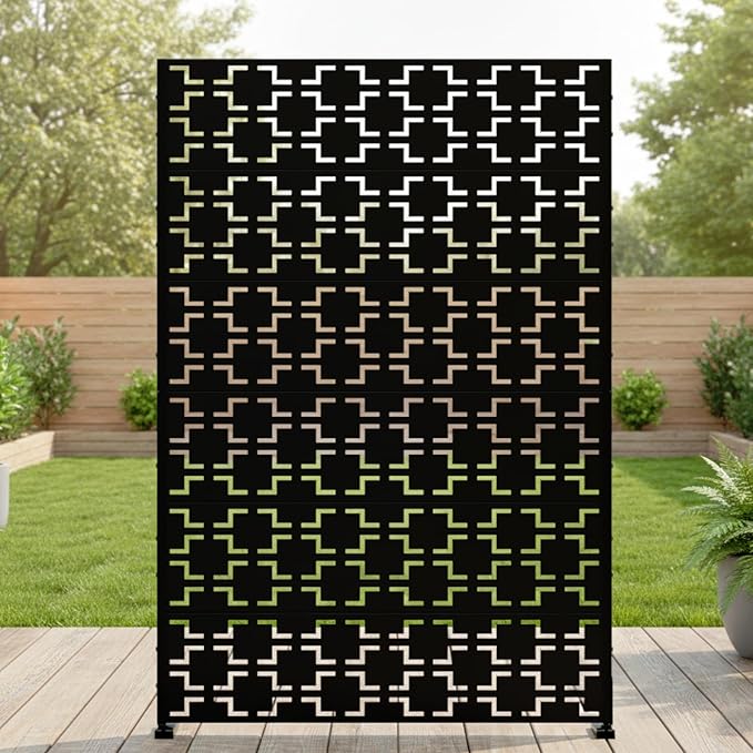 Casaphoria Metal Privacy Screen Outdoor, 72" H x 47" W Freestanding Decorative Privacy Screen for Patio Deck Balcony Garden with Stable Base, Black-Square