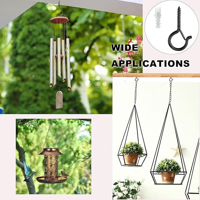 PlusRoc 60 Pack Ceiling Hooks for Hanging Plants Outdoor String Lights Heavy Duty, 2.2 Inch Eye Hook Screw in Cup Hooks Q-Hanger for Patio Lights, Wall Wood Fence Deck Mount(Black)