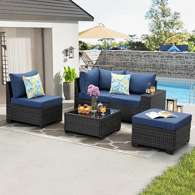 Jing's Villa 5-Piece Patio Furniture Set, All-Weather Outdoor Wicker Sectional Sofa with Cushions, Tempered Glass Table & Ottoman,Rattan Conversation Seating for Porch, Garden, Backyard,Navy