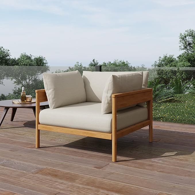 Acanva Modern Outdoor Patio Furniture Set, All-Weather Aluminium Conversation Sectional Sofa with Thick Cushions for Backyard, Garden, Porch, Armchair, Beige