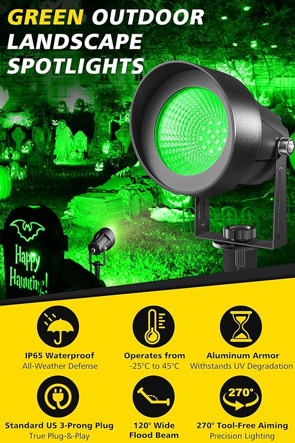 T-SUN Green Spotlight Outdoor, Waterproof LED Landscape Lighting with US Plug, Easy Install 270° Adjustable Outdoor Spot Lights for Garden Tree Yard Decor
