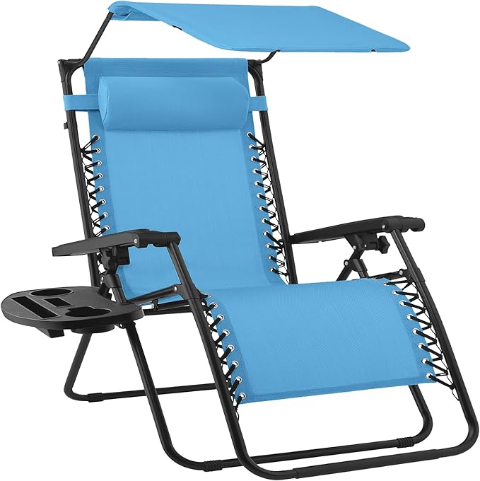 Best Choice Products 30” Wide Folding Zero Gravity Outdoor Recliner Patio Lounge Chair w/Adjustable Canopy Shade, Headrest, Side Accessory Tray - Light Blue