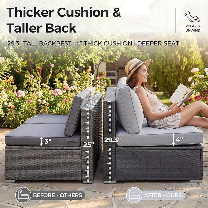 NICESOUL 8 Person Outdoor Patio Furniture Set, Extra Large Wicker Sectional Sofa with Ottoman, All-Weather Wide and Deep Seating Conversations for Outside Garden, 29.3'' High Back Comfy Couches,Grey