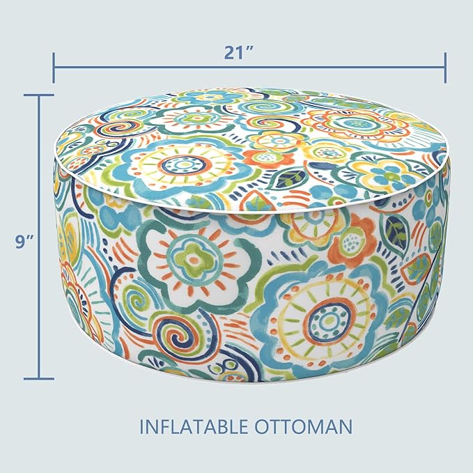 LVTXIII Outdoor/Indoor Inflatable Stool Ottoman, All Weather Patio Footrest Pouf, Portable Round Ottoman for Patio Garden, Camping or Home, D21xH9 Inches, Flower Blue
