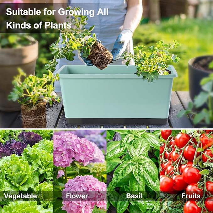 Window Box Planter 6 Pcs, 17 Inches Rectangle Flower Pots with Drainage Holes and Trays, Vegetable Planters for Windowsill Patio Garden Balcony Home Porch Yard Indoor Outdoor (Green, 17*7.4*7.8 inch)