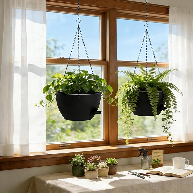 13 Inch 2 Pack Large Self Watering Hanging Planters for Indoor Outdoor Plants, Hanging Plant Pots with Removable 50 Oz Reservoir, Plastic Hanging Basket for Window Porch Garden Balcony, Black