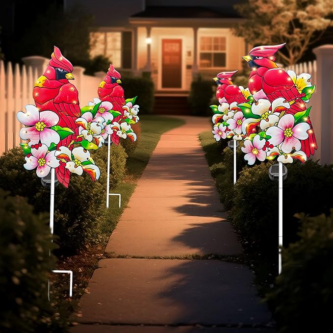 Hexagram Cardinal Garden Decor Yard Stakes, Lighted Metal Red Bird Garden Stakes Set of 2, Cardinal Solar Lights Outdoor Decor, Red Bird Yard Signs for Outside Pathway Lawn Porch Patio