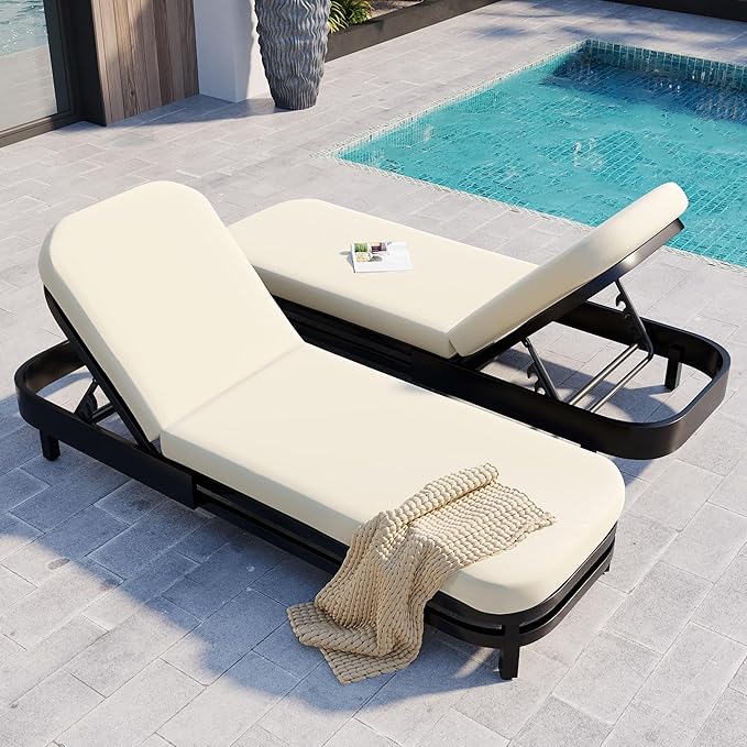 LUMISOL Outdoor Lounge Chair Set of 2, Modern Aluminum Chaise Loungers with Premium Cushions, 5-Level Reclining Chairs for Patio, Poolside, Garden, Beige Cushions