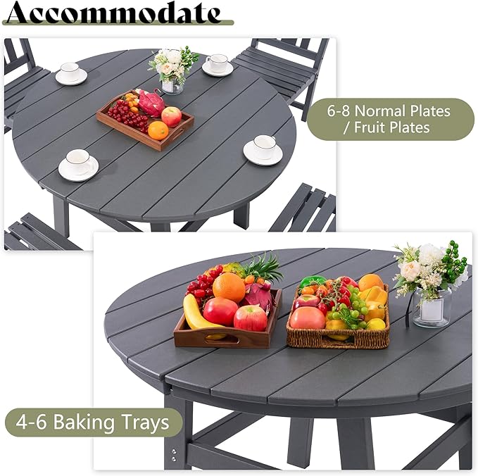 AMERLIFE 5 Piece HDPE Outdoor Dining Table & Chairs Set, All-Weather Patio Table and Chairs Set Furniture with Umbrella Hole for Garden, Backyard, Poolside, Seaside, Gray
