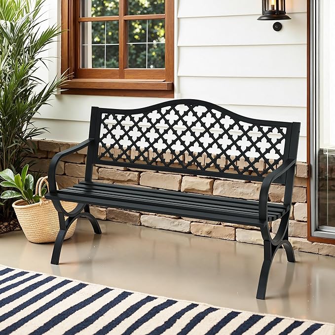 MFSTUDIO 50" Lucky Clover Outdoor Bench, Black Cast Iron Back with Waterproof E-Coating, Durable Patio Garden Bench Park Chair, Black