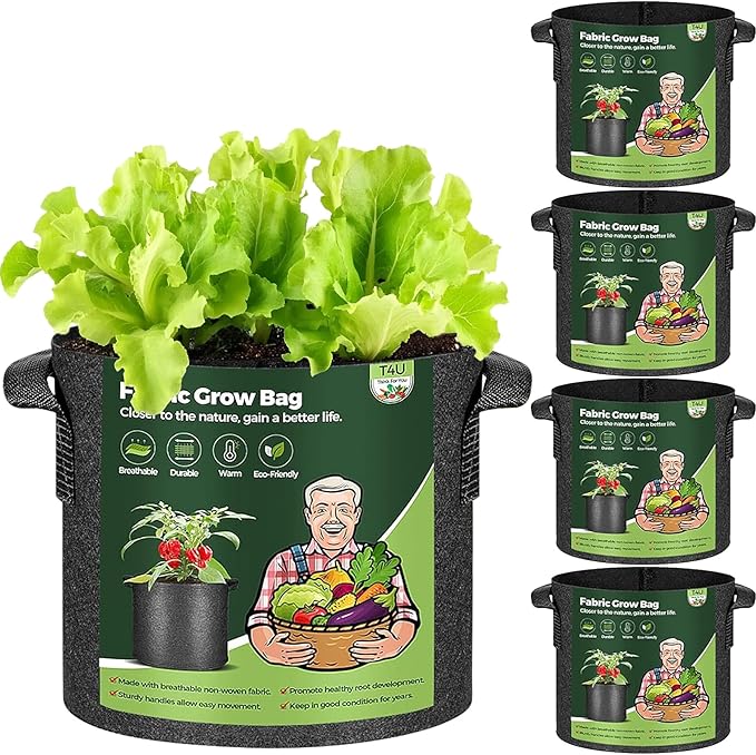 T4U 3 Gallon Grow Bags, Upgrade Grow Bags with Handles, Heavy Duty Thickened Nonwoven Fabric Pots, 3 Gallon Pots for Plants, Rosemary, Chamomile, Onion (5 Pack)