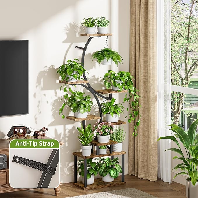 Plant Stand Indoor with Grow Lights - 62" Tall Plant Shelf, Lighted Corner Plant Stands for Indoor Growing, 8 Tiered Large Flower Holder, S-Shaped Decorative Rack for Living Room, Patent Design, Brown