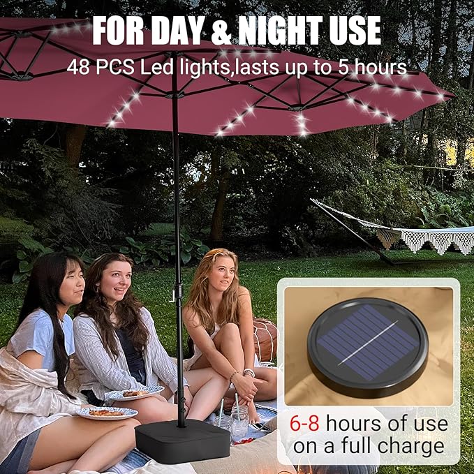 LEVELEVE 14FT Large Patio Umbrella with Base & Solar LED Lights - Double-Sided,Red