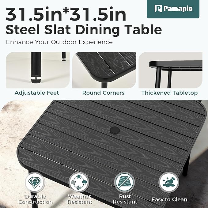Pamapic Outdoor Dining Sets for 4, Square Steel Slat Table with 4 Textilene Chairs, 5 Piece Patio Table and Chairs Set with Adjustable Umbrella Hole for Patio,Garden, Backyard, and Poolside (Grey)