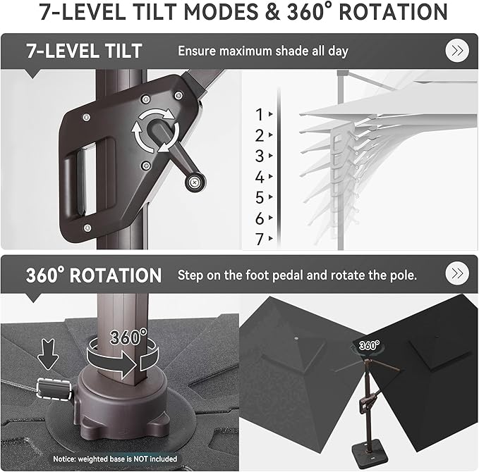 10 X 13 FT Cantilever Outdoor Patio Umbrella with Base Included Large Heavy Duty 360° Rotation Double Top Offset Rectangular Umbrellas with Led Lights for Backyard Outside Deck, Black