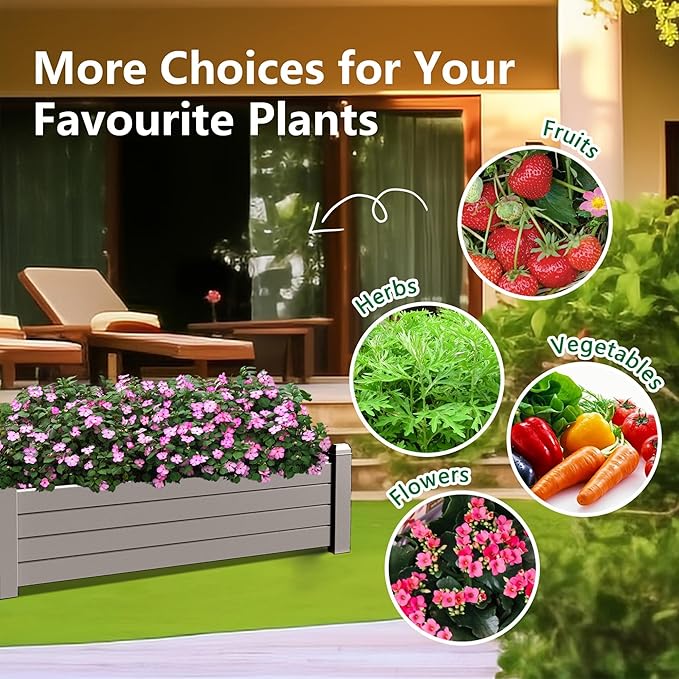 Raised Garden Bed, 21 Gallon Self-Watering Outdoor Raised Planter Box with Drainage Plug and Gauge for Vegetables, Flowers and Herbs, Durable Rustproof Resin for Backyard Patio Porch (Grey)