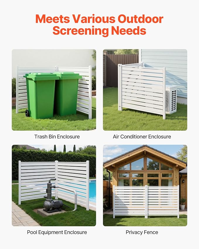 VEVOR 48" W x 48" H Vinyl Fence Panels, Air Conditioner Fence, Outdoor Privacy Screens for Trash Can, Pool Equipment Enclosure, Privacy Screen Kit Louvered Panels (2 Panels)