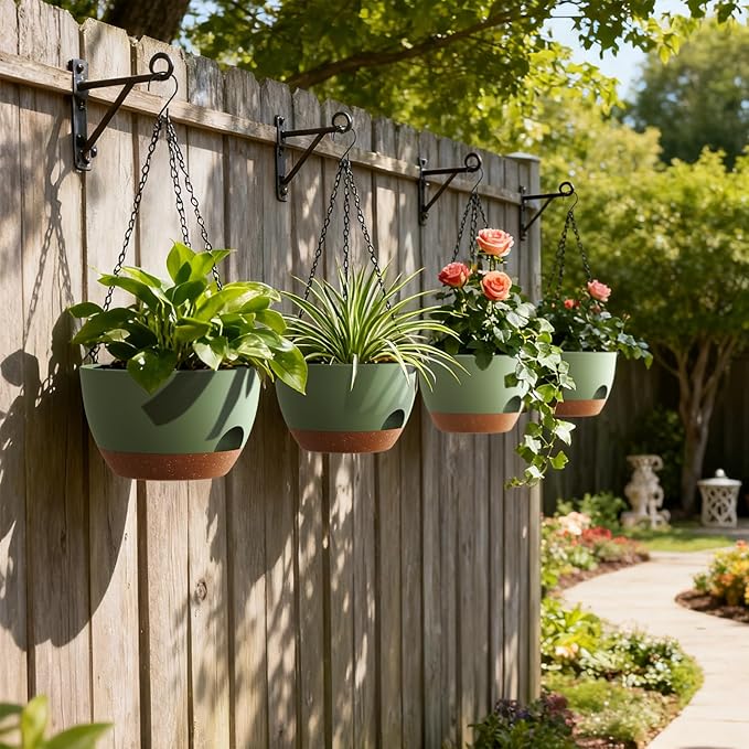 4 Pack 8 Inch Self Watering Hanging Planters for Indoor Outdoor Plants，Hanging Pots for Plants with Drainage Removable Tray, Hanging Baskets Flower Pots for Pothos Spider Garden Green with Brown