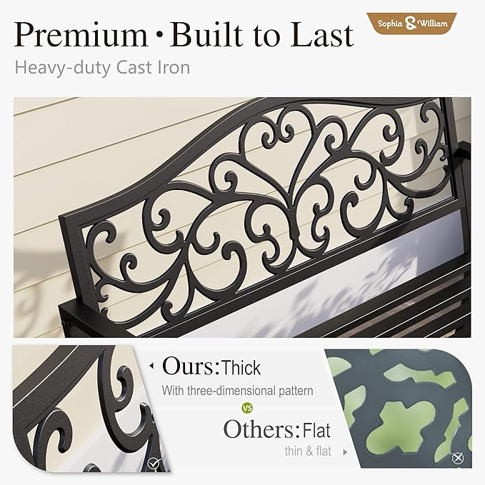 Sophia & William Outdoor Bench, Metal Garden Bench, Cast Iron Park Benches for Outside with Floral Design Backrest, Black