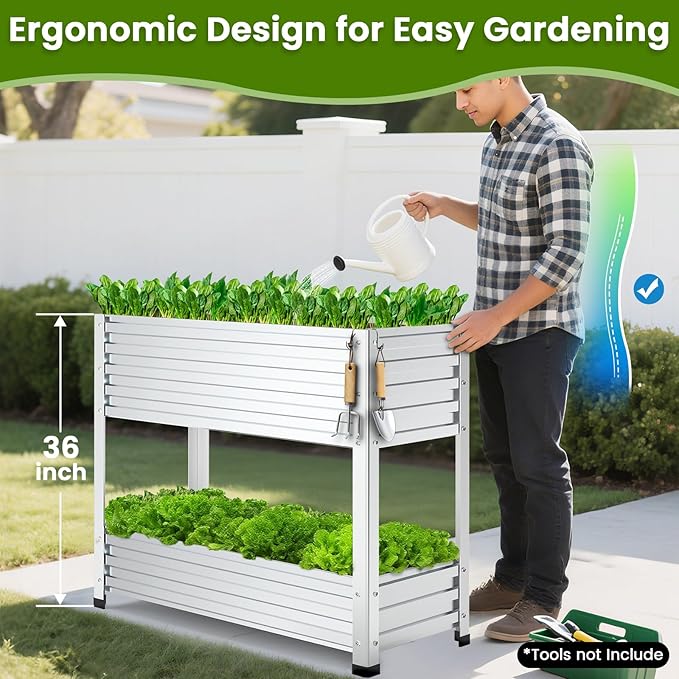 2-Tier Galvanized Raised Garden Bed with Legs, 36"x16"x36" Metal Elevated Planter Box (12" Top/8" Bottom Depth), 500LB Capacity for Vegetables, Herbs, Leafy Greens, Flowers on Patio Yard