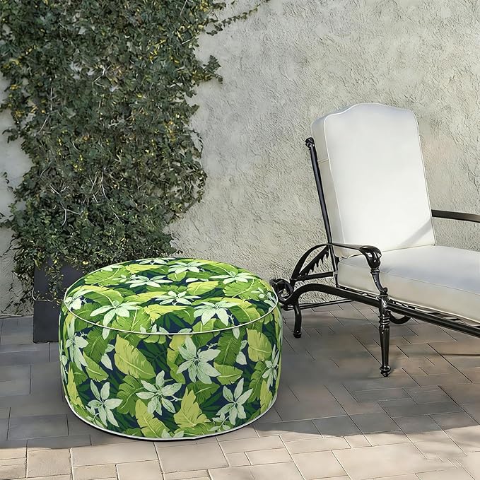 LVTXIII Indoor/Outdoor Extra Large Inflatable Ottoman Pouf D31 x H14 Inch, Round Footstool with Handle, Weather-Resistant Portable Furniture for Patio, Camping, Beach, Jungle Leaves