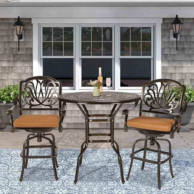 VIVIJASON 3-Piece Patio Swivel Bar Stools Set, All Weather Cast Aluminum Outdoor Bar Height Bistro Set with 2 Cushioned Bar Chairs & 38.5" High Bar Table w/Umbrella Hole for Backyard, Lawn, Garden