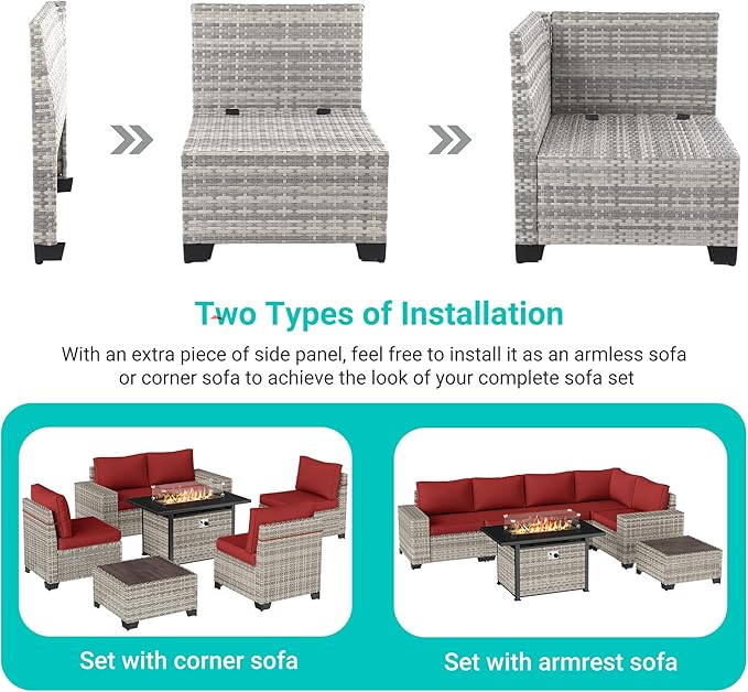 7-Piece Outdoor Patio Furniture Set with 55,000 BTU Fire Pit Table, PE Wicker Rattan Sectional Sofa Patio Conversation Set with Thickened Cushions & Coffee Table, Red