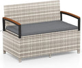 Tangkula 46 Gallon Outdoor Bench with Storage, Outdoor PE Rattan Storage Bench with Cushion, Backrest & Acacia Wood Armrests, Metal Frame, Waterproof Deck Box Seat for Porch Backyard Poolside