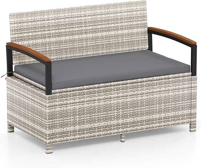 Tangkula 46 Gallon Outdoor Bench with Storage, Outdoor PE Rattan Storage Bench with Cushion, Backrest & Acacia Wood Armrests, Metal Frame, Waterproof Deck Box Seat for Porch Backyard Poolside