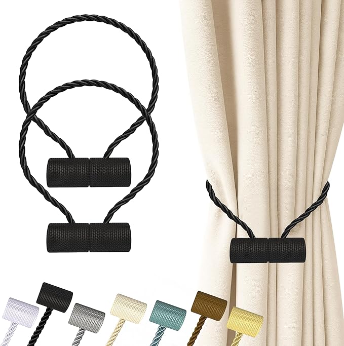 Hion Magnetic Curtain Tiebacks Black 2pcs, Curtain Tiebacks Buckles Holdbacks Holders Hooks Clip for Home Bedroom Office Decorative Curtain