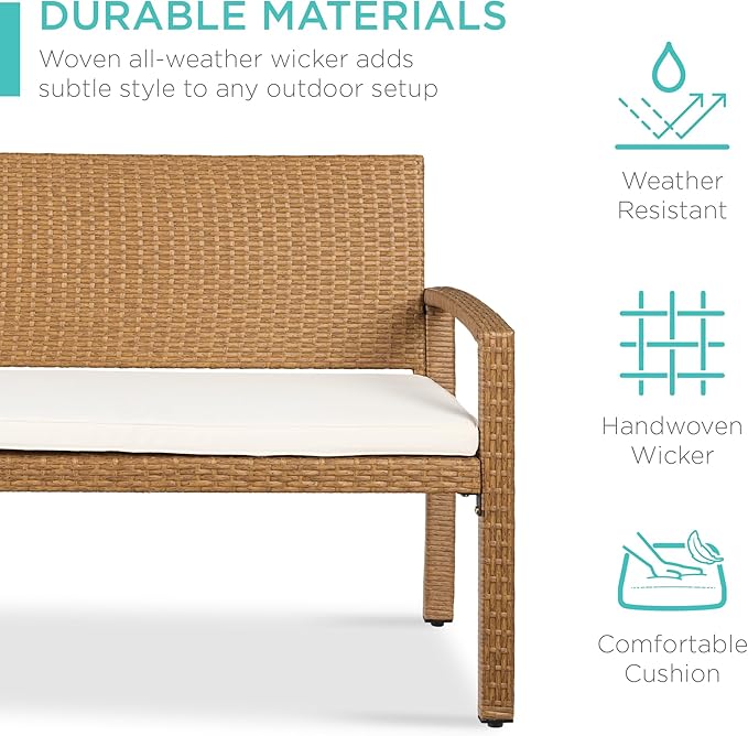Best Choice Products Outdoor Bench 2-Person Wicker Garden Patio Benches Seating Furniture for Backyard, Porch w/Seat Cushion, 700lb Capacity - Ivory/Natural