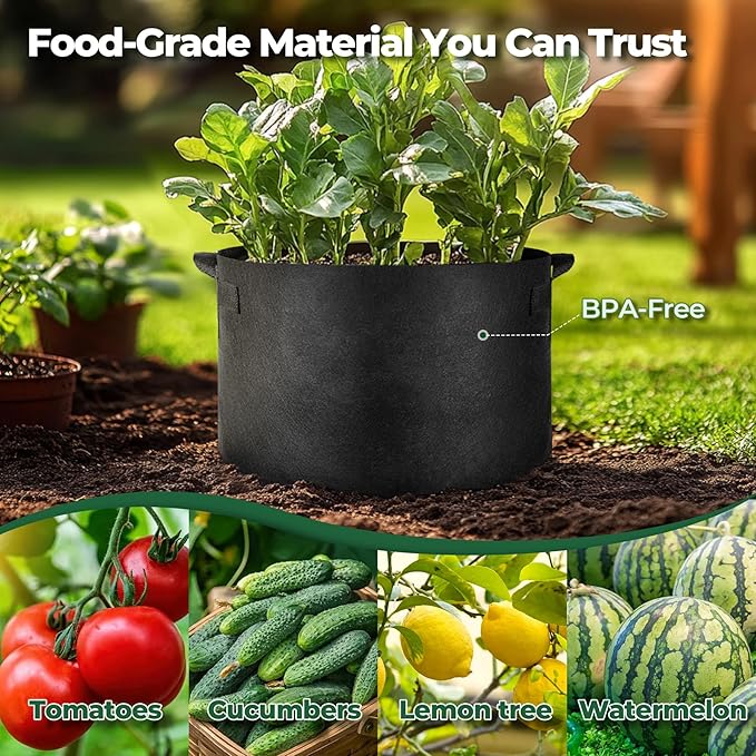 T4U 20 Gallon Grow Bags, Upgrade Fabric Grow Bags with Handles, Thickened Garden Plant Pots for Planting Vegetables, Tomato Planter, Smart Pots for Plants (5 Pack 20 Gal)