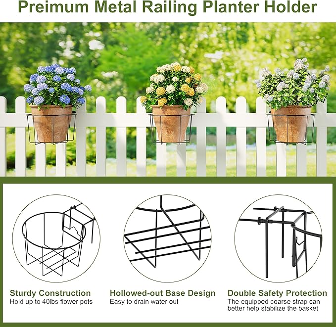 TQVAI 10 Inch Railing Planter - Fit for 3 to 5.5 Inches Railing - Adjustable Hanging Planters Outdoor Balcony Deck Flower Pot Holder Metal Baskets for Garden Orchid, Patio Ledge, 3 Pack, Black
