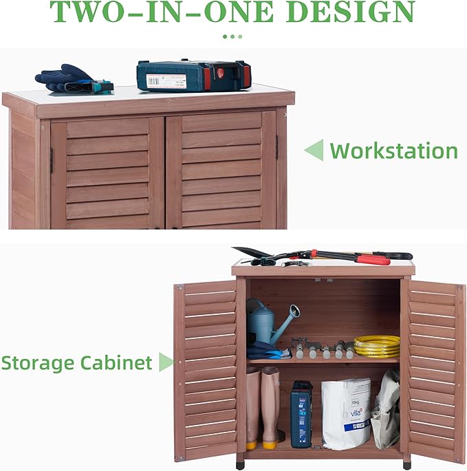 Outdoor Potting Bench with Storage Cabinet and Metal Top, Wood Workstation for Outdoor Patio, Garden (Dark Brown, 31x17x36‘’)