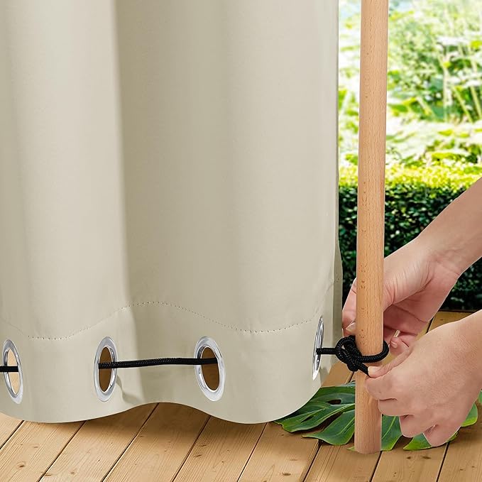 NICETOWN 2 Panels Outdoor Curtains for Patio Waterproof 95" Long, Windproof Grommet & Back Tab on Top & Bottom Thermal Insulated Sun Blocking Drapes with Rope for Gazebo, Beige, W100 per Panel