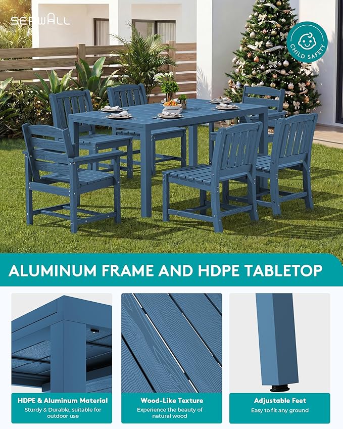 SERWALL 11-Piece Outdoor Dining Set, 60" - 83" Expandable Outdoor Dining Table and 10 HDPE Chairs, All Weather HDPE Outdoor Furniture Set for Backyard, Garden, Blue