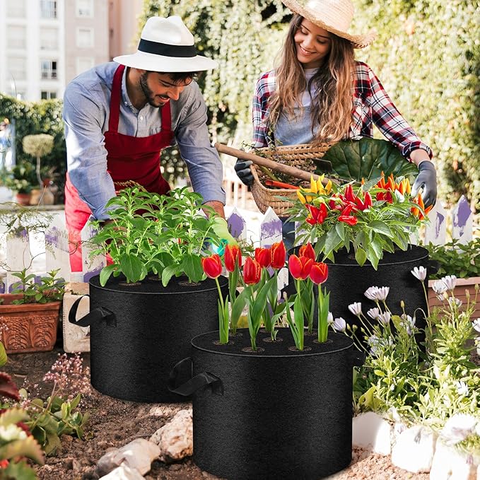 3 Pack 10 Gallon Grow Bags with Planting Holes, Planting Bags, Plant Grow Bags, Fabric Grow Bags, Heavy Duty Thickened Nonwoven Fabric Gardening Vegetable Growing Bags with 3/5/8 Planting Holes