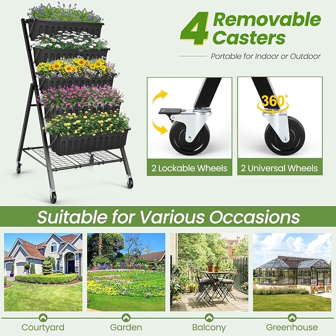 SEJOV 5-Tier Raised Garden Bed, 4FT Vertical Garden Planter with Storage Rack and Lockable Caster Wheels, Indoor Outdoor Raised Planter Box with Drainage System for Vegetables, Flowers, Herbs, Black