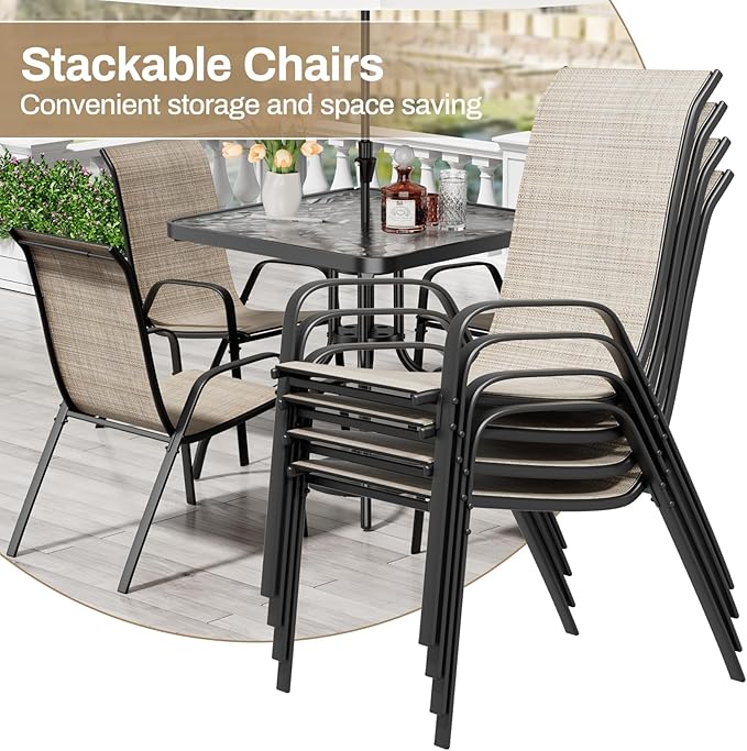 TLSUNNY Patio Dining Set 5 Pieces, All Weather Outdoor Furniture W/30"X 30" Table and 4 Stackable Textilene Chairs, Metal Table and Chairs for Lawn, Garden, Poolside, Backyard (Umbrella not Included)
