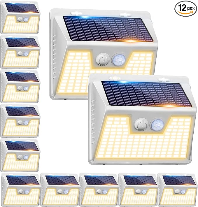 Peasur Solar Lights Outdoor Motion Sensor, 12Pack 140LED Waterproof Solar Powered Fence Lights, 3 Modes Solar Security Wall Lights for Garden Yard Outside(Warm White)