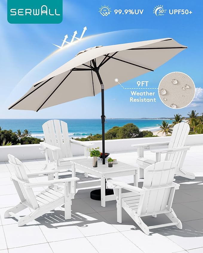 SERWALL Outdoor Coffee Table with 9FT Umbrella, HDPE Patio Coffee Table for Outside, Rectangle, White(Not Include Umbrella Base)