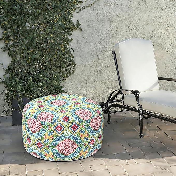 LVTXIII Indoor/Outdoor Extra Large Inflatable Ottoman Pouf D31 x H14 Inch, Round Footstool with Handle, Weather-Resistant Portable Furniture for Patio, Camping, Beach, Damask Red