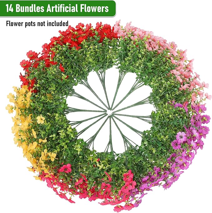 Artificial Flowers Outdoor Fake Plants, Faux Silk Flowers Plastic Plants for Outdoors Indoor Outside Front Porch Hanging Planter Window Box Garden Home Spring Decoration, 14 Pack (Mix)
