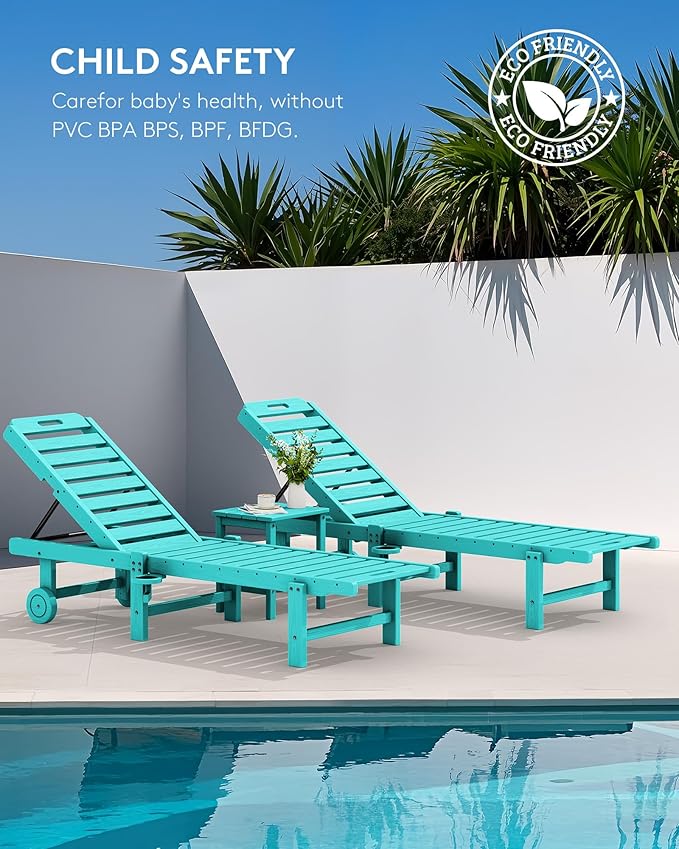 SERWALL Patio Chaise Lounge Chair, HDPE Outdoor Lounge Chair with Cup Holder, 5 Positions Adjustable Poly Lounger with Rolling Wheels for Poolside, Deck, Sunbathing, Aruba