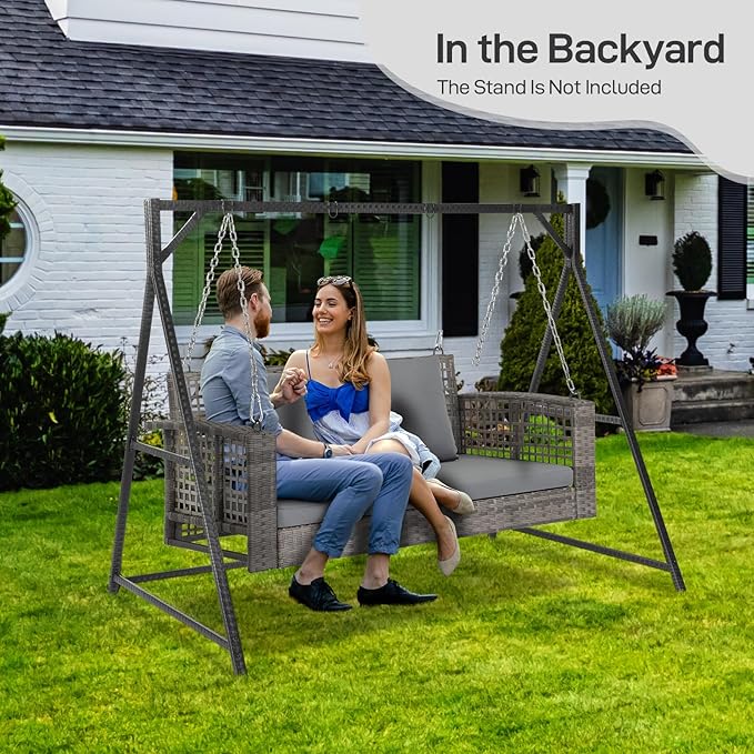 Outvita Porch Swing, 4FT Hanging Outdoor Porch Swings for Adults, Wicker 2 Person Patio Swing, with Cushion, Pillow and Chain for Garden, Backyard, Weight Capacity - 800lbs