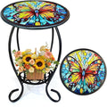 LIFFY Outdoor Side Table, 14" Round Mosaic Patio Table with Glass Butterfly Tabletop, 21" Height 2-Tier Indoor Small Decorative Plant Stand & End Table with Metal Frame for Home, Garden, Yard