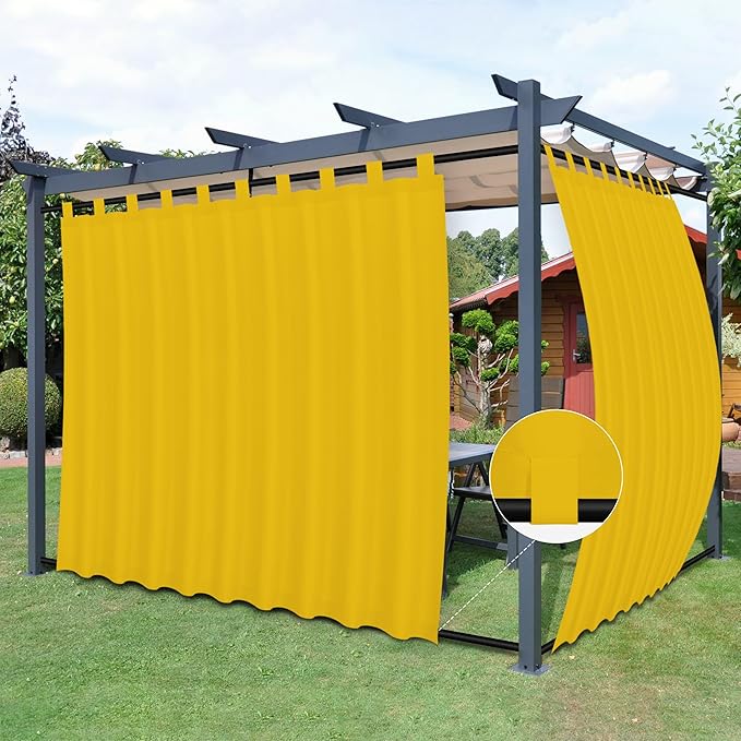 Easy-Going Outdoor Patio Curtains Detachable Tab Top Windproof Weatherproof Curtain for Cabana, Porch, Pergola and Gazebo, Tab Bottom Drape, 2 Panels, 110W x 84L inch, Yellow