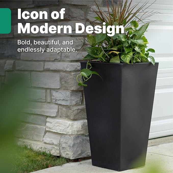 Step2 Tremont Tall Square Tapered Planter, 28", Indoor/Outdoor Plants, Efficient Drainage, Durable Resin, Onyx Black