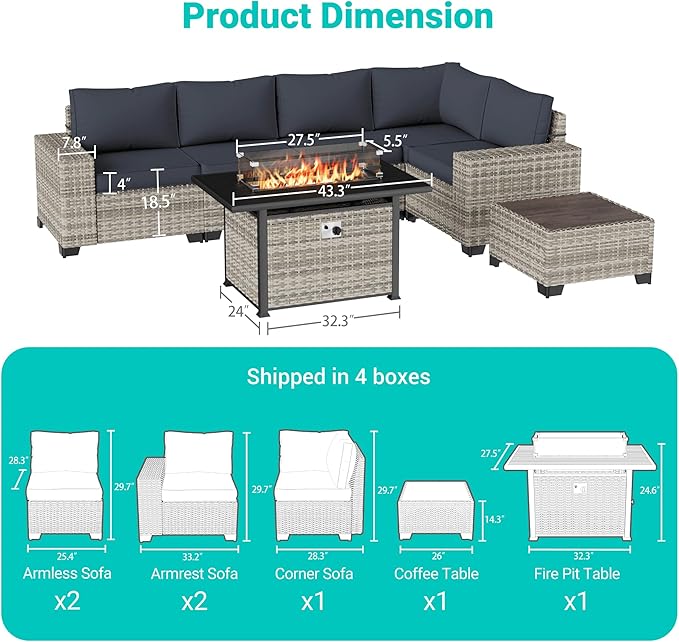 7 Pieces Outdoor Patio Furniture Set with 55,000 BTU Propane Fire Pit Table, PE Wicker Rattan Sectional Sofa Patio Conversation Set with Coffee Table, Dark Grey