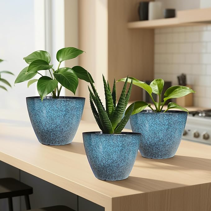 2 Pack Plastic Plant Pots with Drainage Holes, 8 inch Planter for Indoor Outdoor Plant, Garden Flower Pots for Aloe, Herbs, Cactus(Blue, 2pcs)